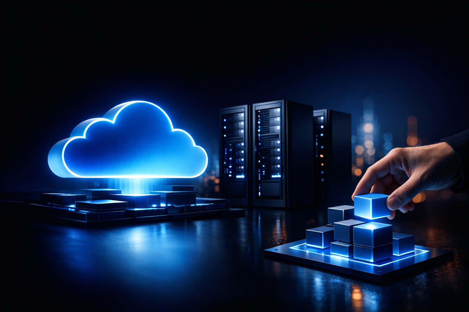 A hand placing a small blue cube onto a stack beside a glowing cloud symbol and server racks in a dark setting