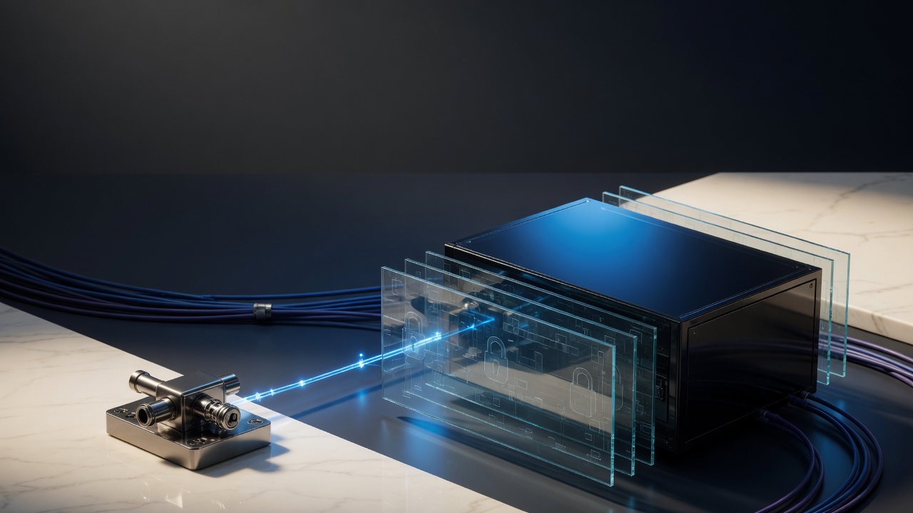 Stream of light connects a metallic device to a black server with holographic layers of security icons