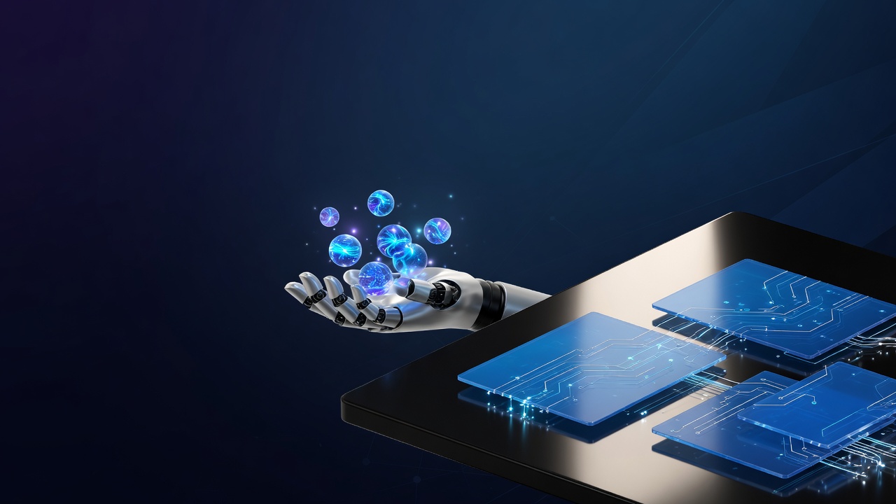 Robot hand holds glowing blue spheres over a surface with circuit board patterns