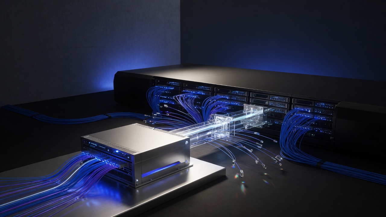Server racks illuminated with blue lights connect to a smaller server via numerous blue cables