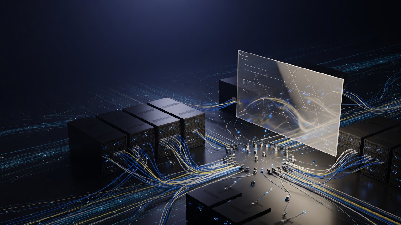 Servers and cables connecting to a transparent display showing network data on a dark background