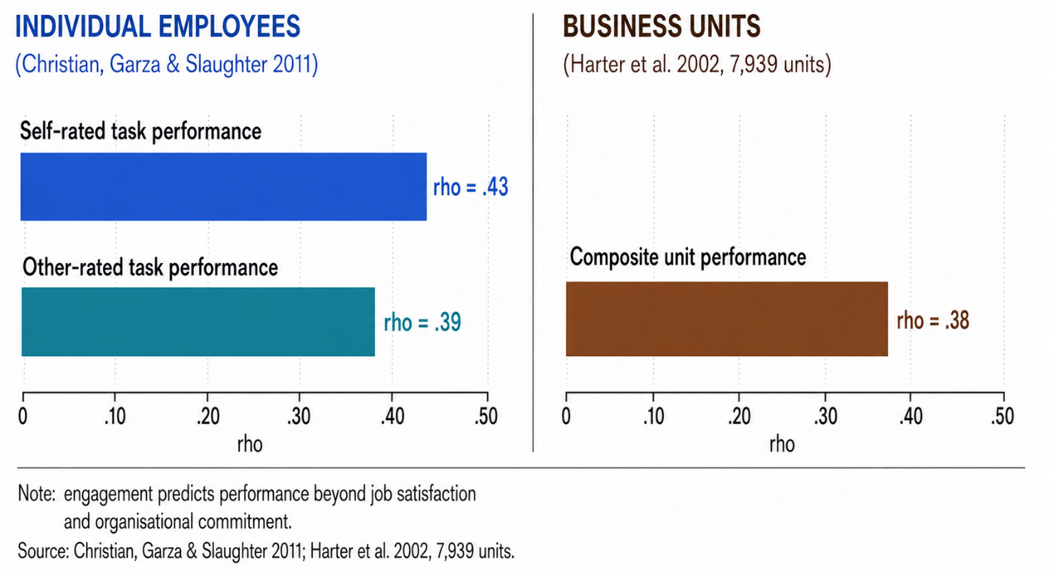 Engagement-performance correlations for individual employees and business units.