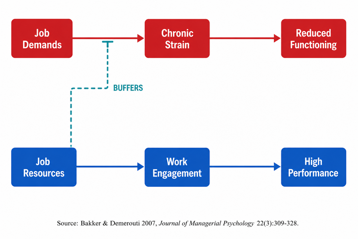 Job Demands-Resources dual-pathway model linking demands, strain, resources, engagement and performance.