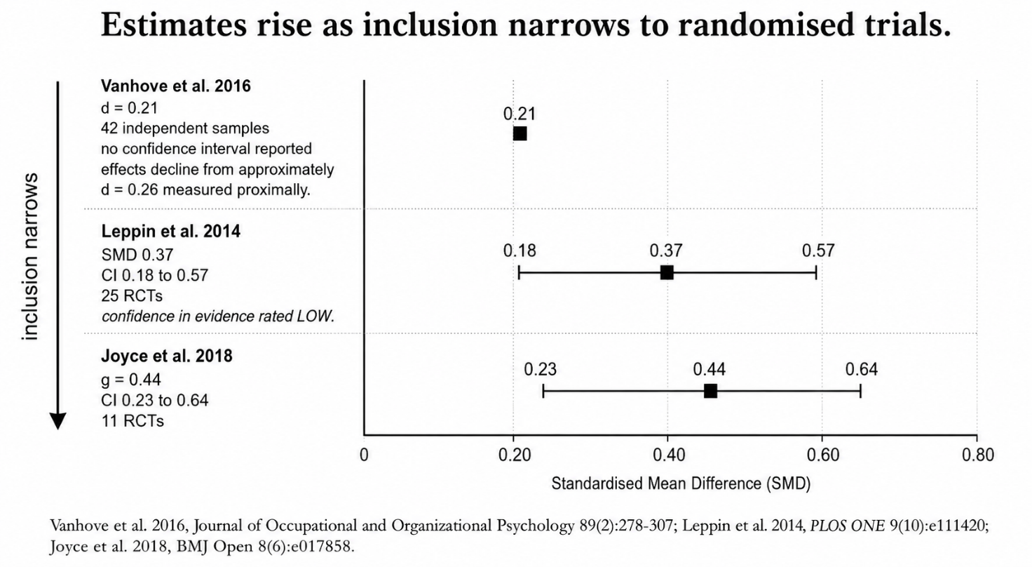 Resilience-training effect estimates across workplace studies and randomised trials.
