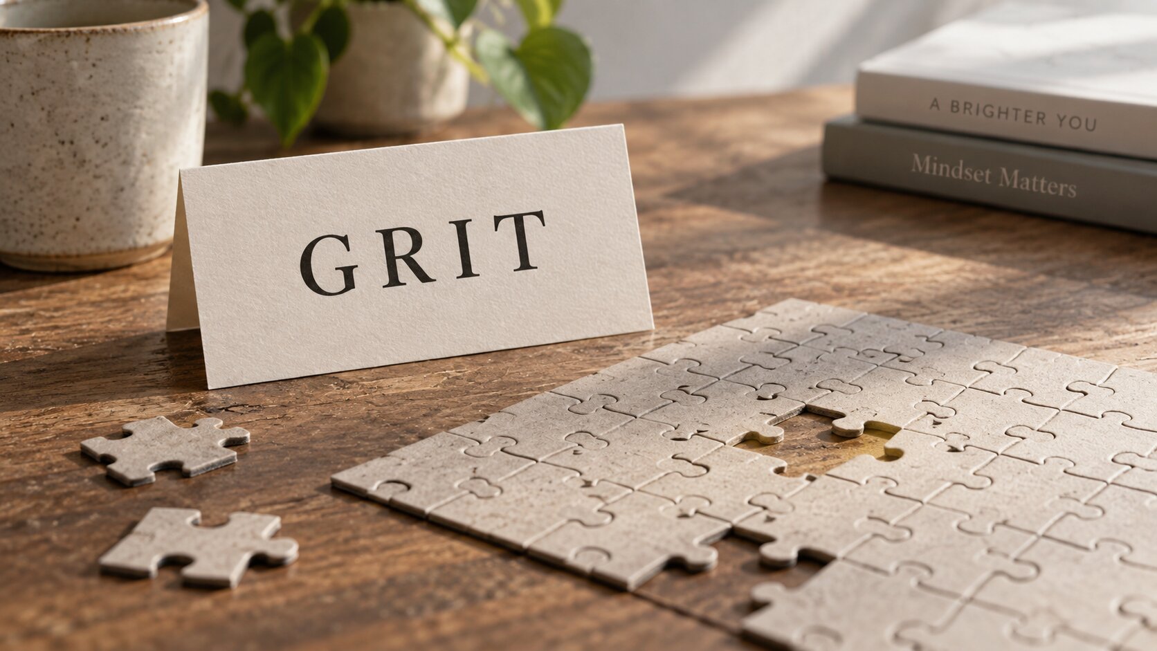 A place card that reads GRIT next to a partially completed jigsaw puzzle on a wooden desk