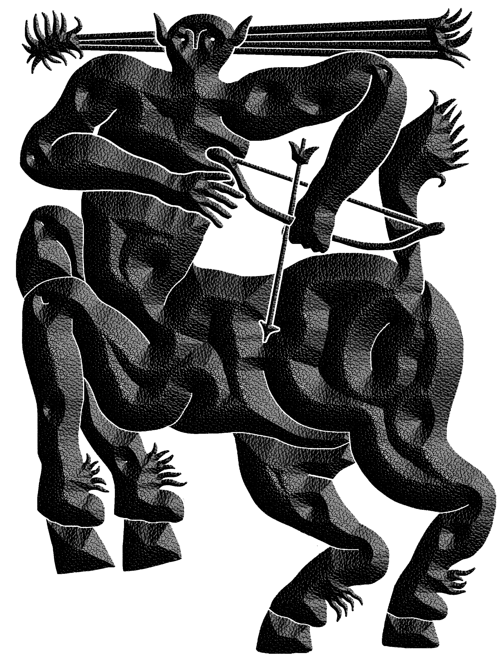 Black and white dotted abstract figure holding an arrow, with limbs and multiple hands in a cubist style.