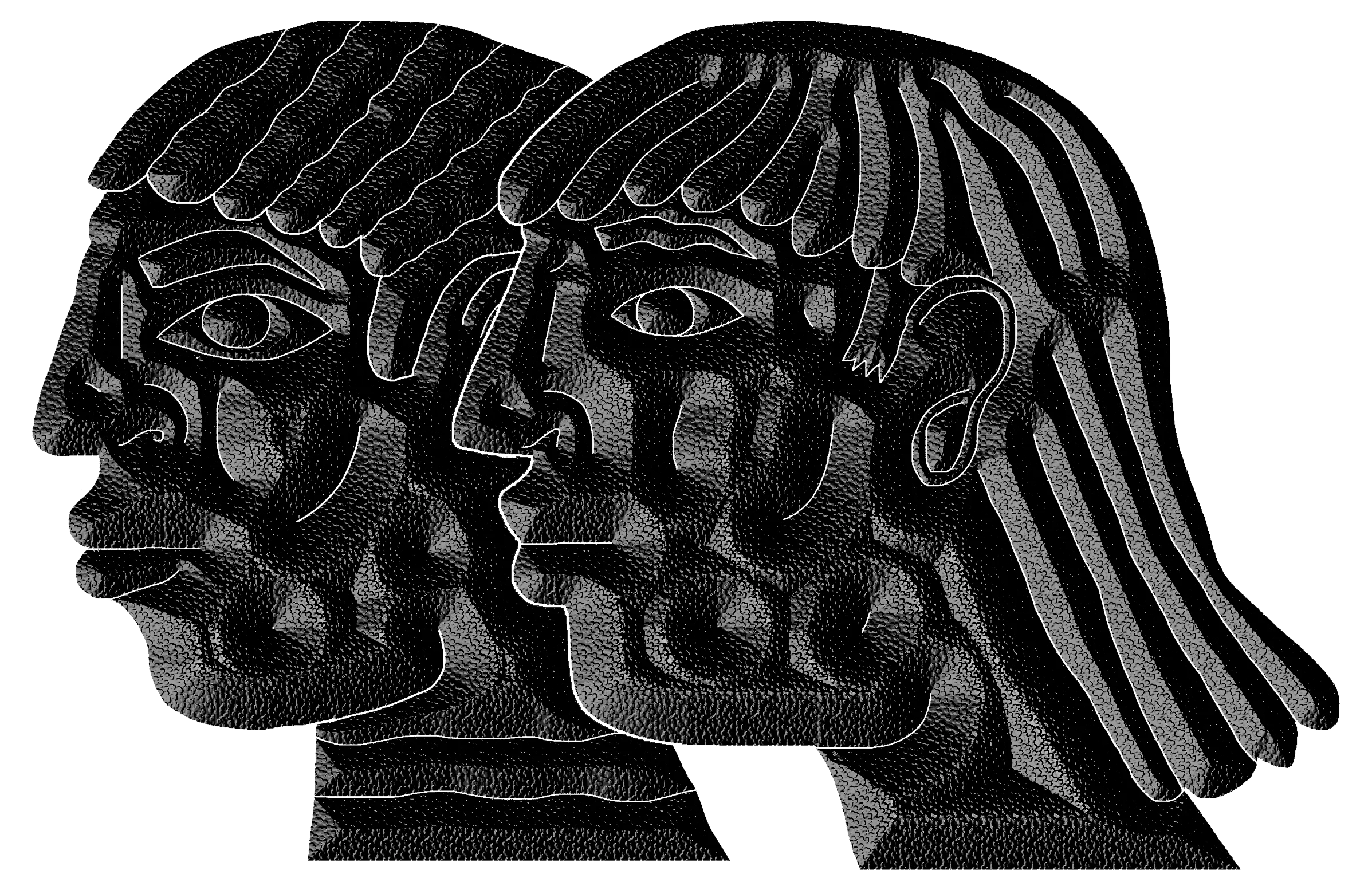 Abstract black and gray textured illustration of two overlapping human faces in profile, facing opposite directions.