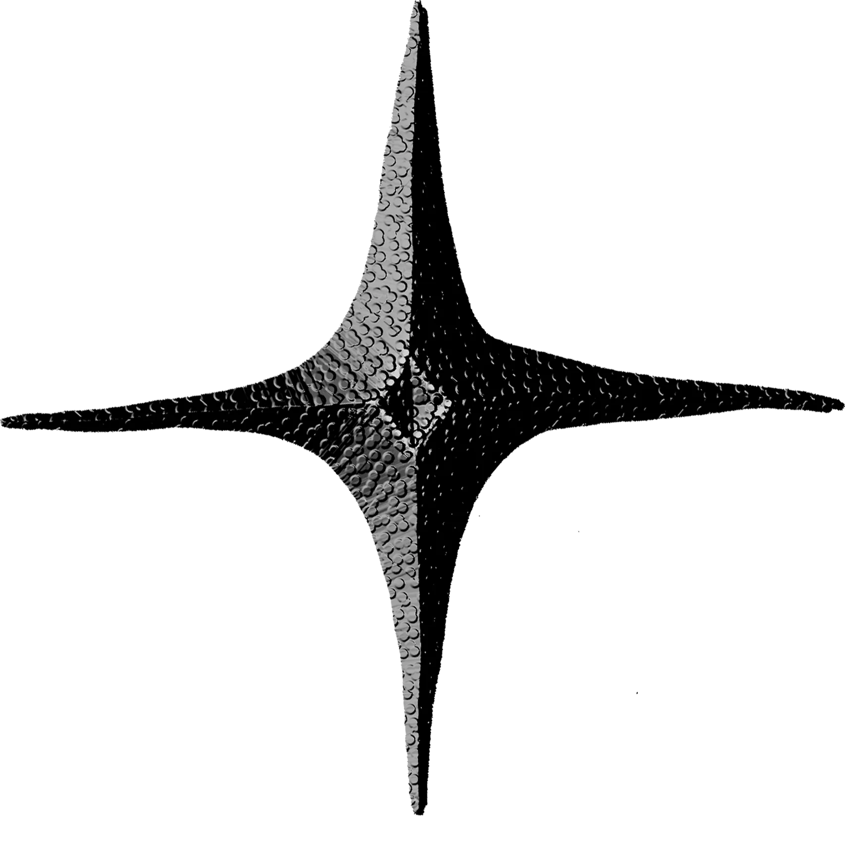 Black and gray star with textured and smooth surfaces on its four elongated points.
