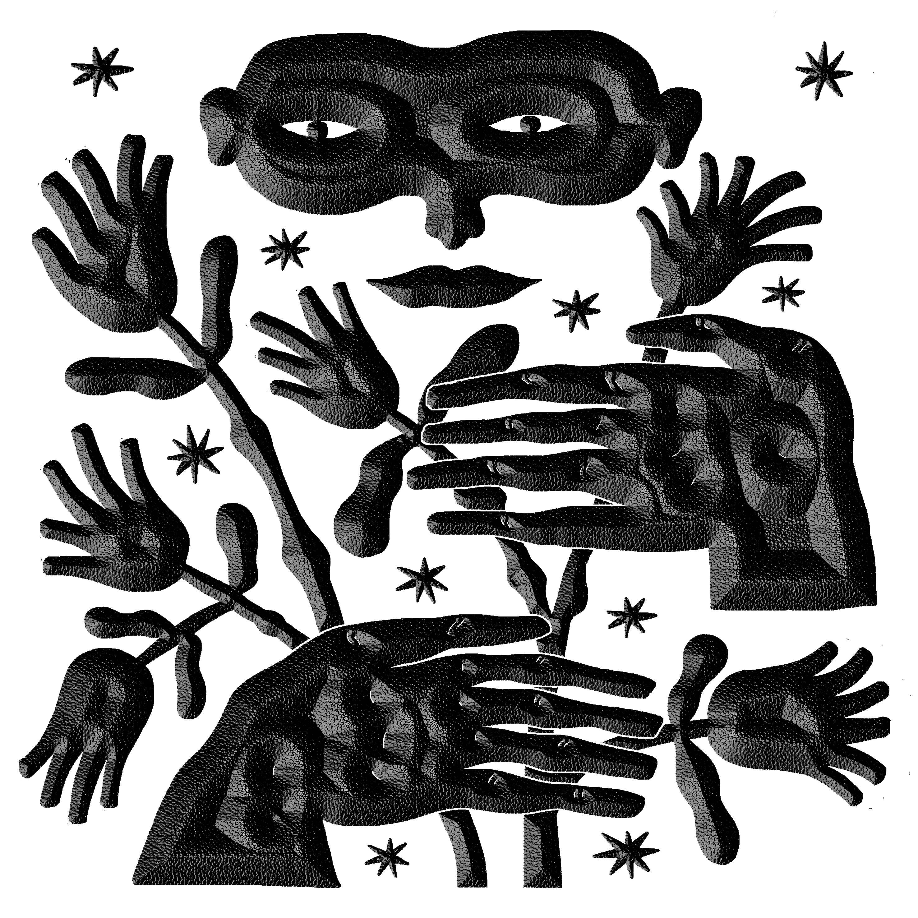 Surreal black and white illustration of a face with glasses surrounded by floating hands and small star shapes.
