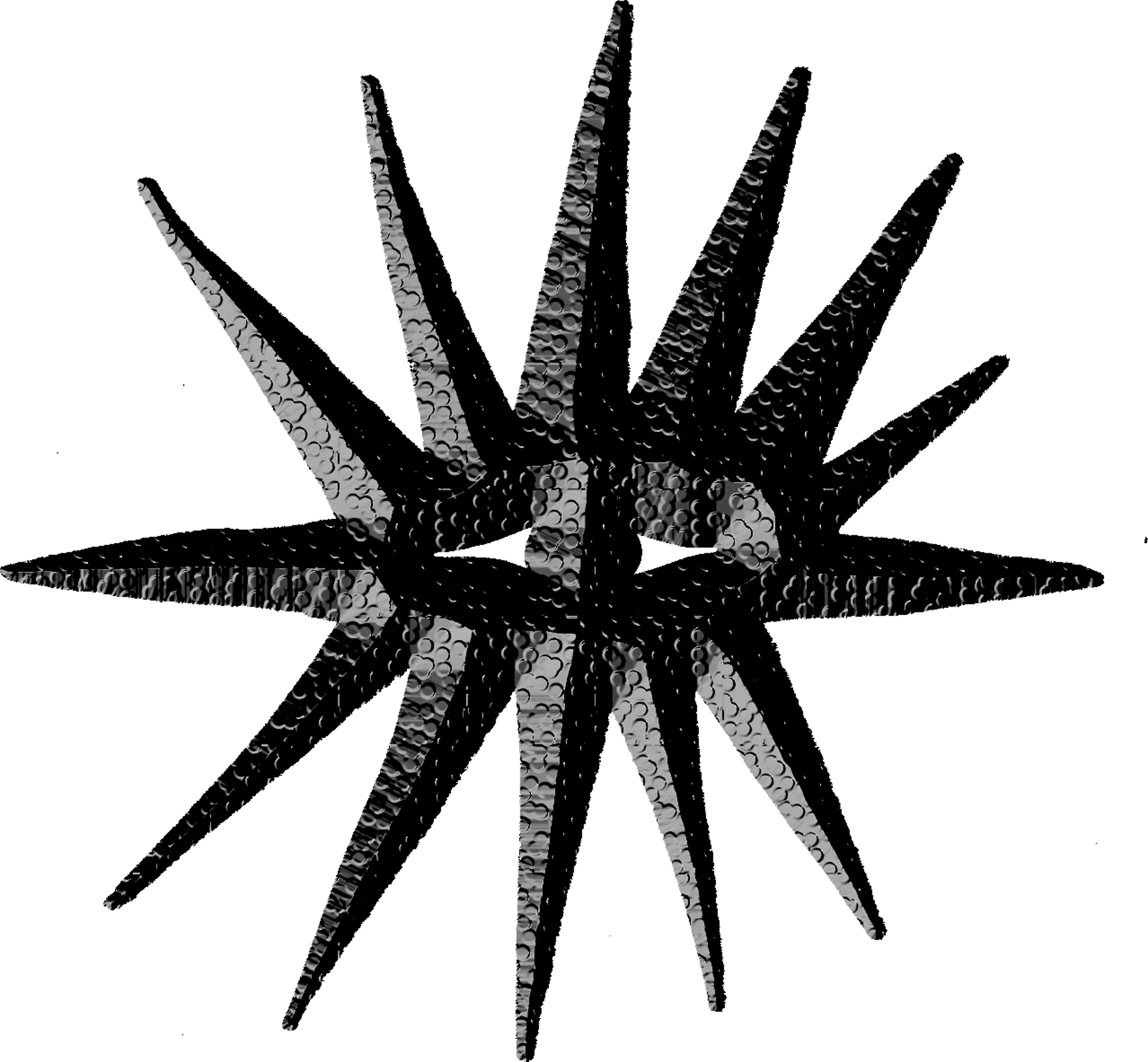 Grayscale abstract sunburst pattern with water droplet textures radiating from center.