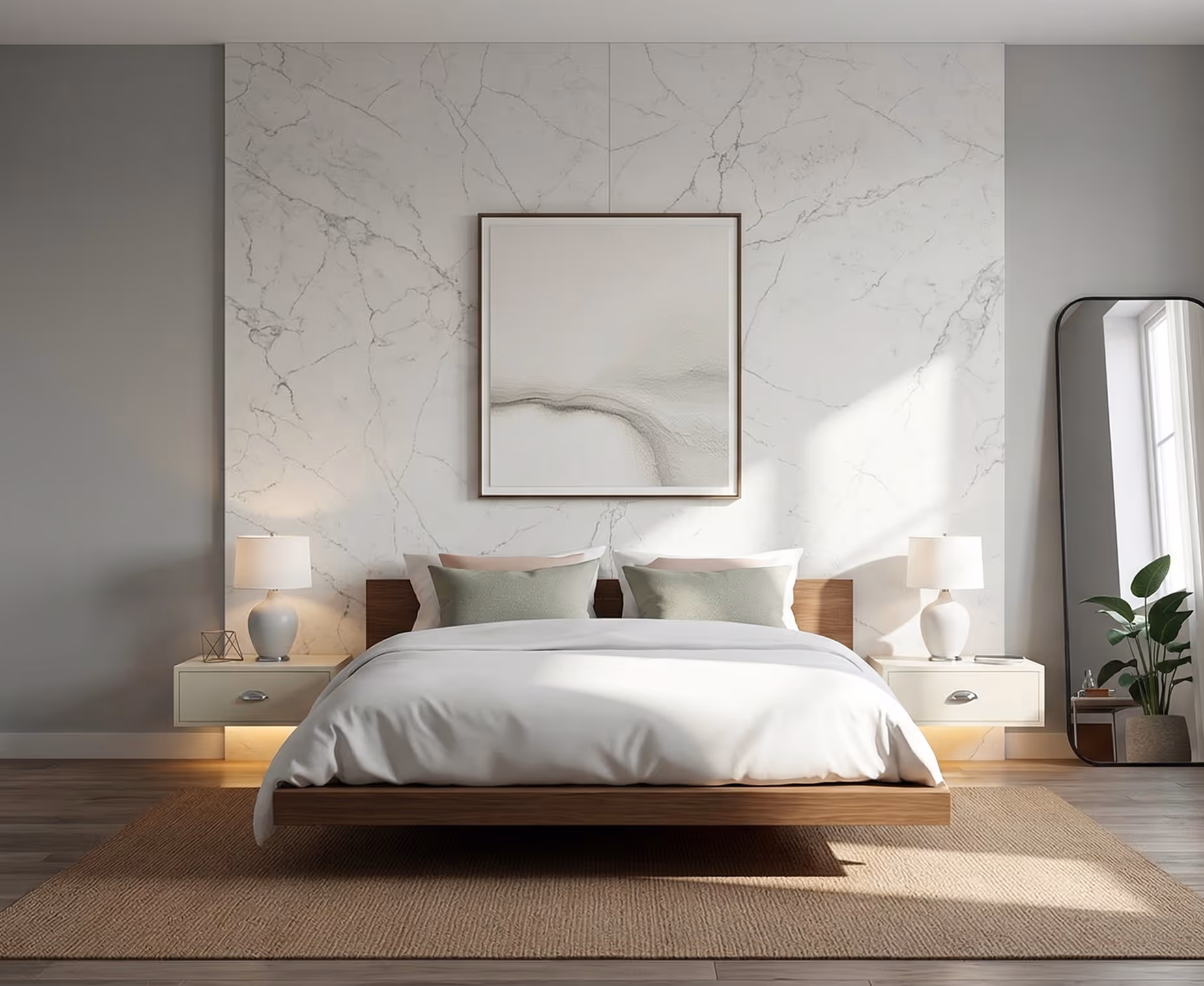 Modern bedroom with floating wooden bed, white bedding, marble accent wall, and tall mirror with plants.