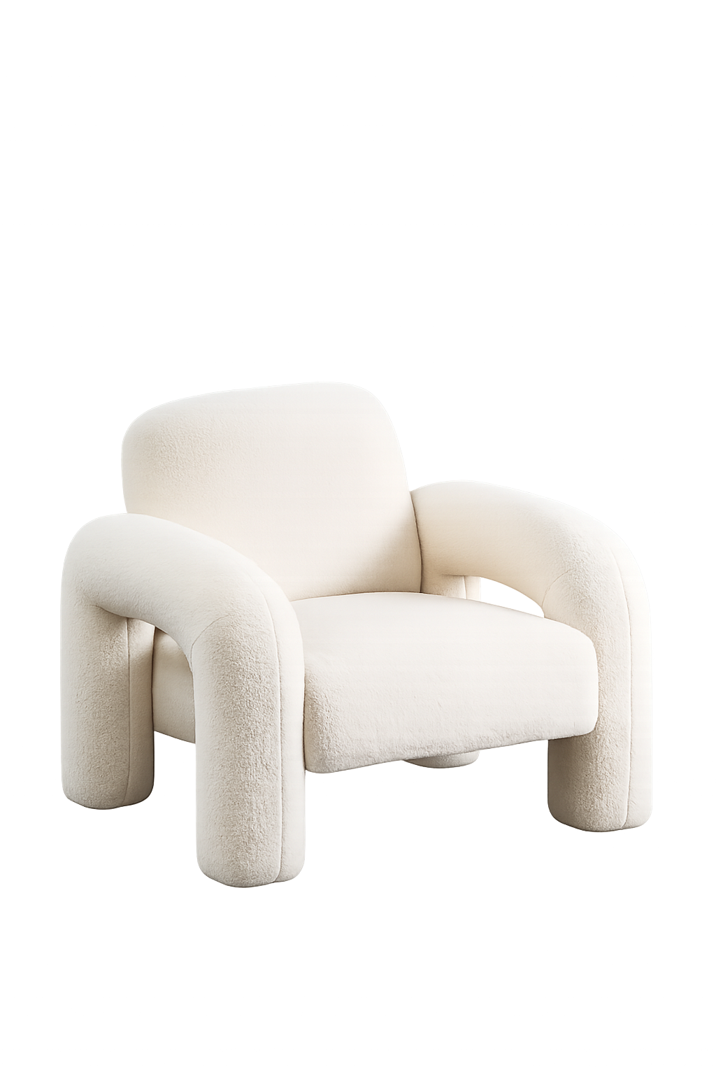 Modern white plush armchair with rounded wide arms and back against a dark gradient background.