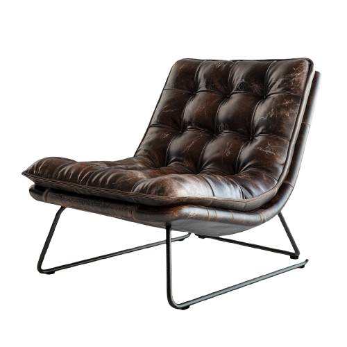 Dark brown tufted leather lounge chair with metal sled legs.