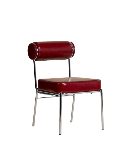 Red leather chair with a cylindrical backrest and metal legs on a white background.