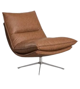 Modern brown leather swivel chair with cushioned seat and backrest on metal base.