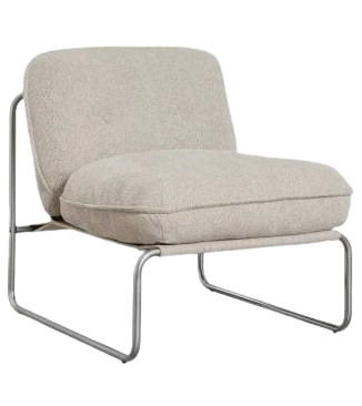 Modern lounge chair with cushioned beige upholstery and metal frame base.