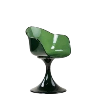 Modern green swivel chair with rounded seat and pedestal base on black background.