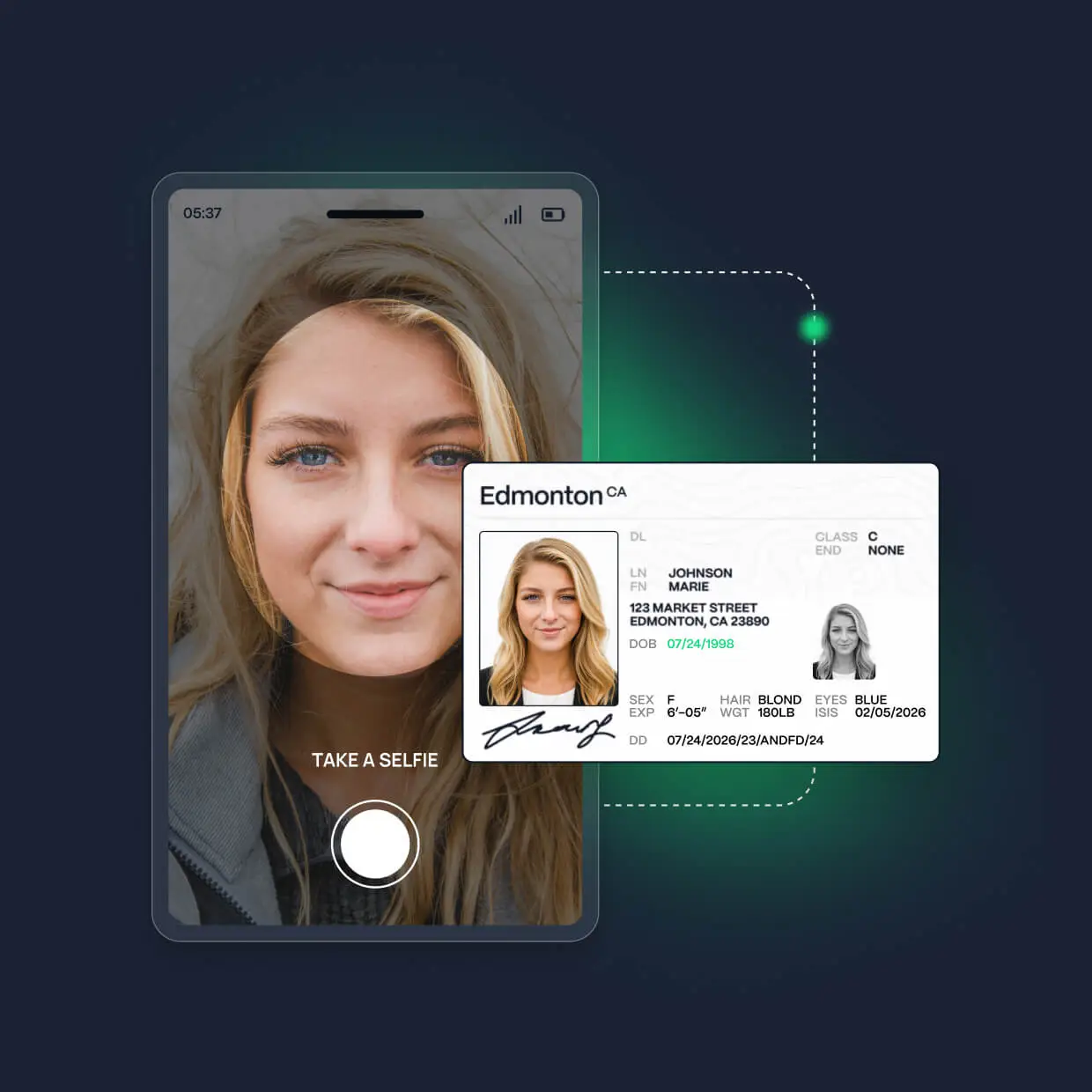 DashQ mobile ID verification showing a renter taking a selfie to match against their uploaded driver's licence for identity check