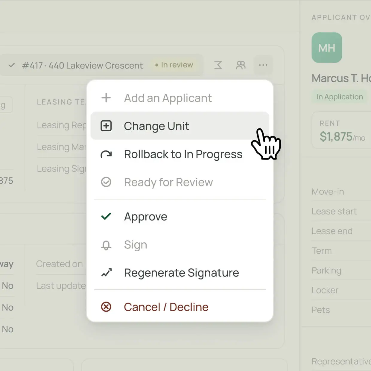 DashQ application view with an actions menu open, offering options like add an applicant, change unit, roll back, approve, sign, and cancel to keep an application moving