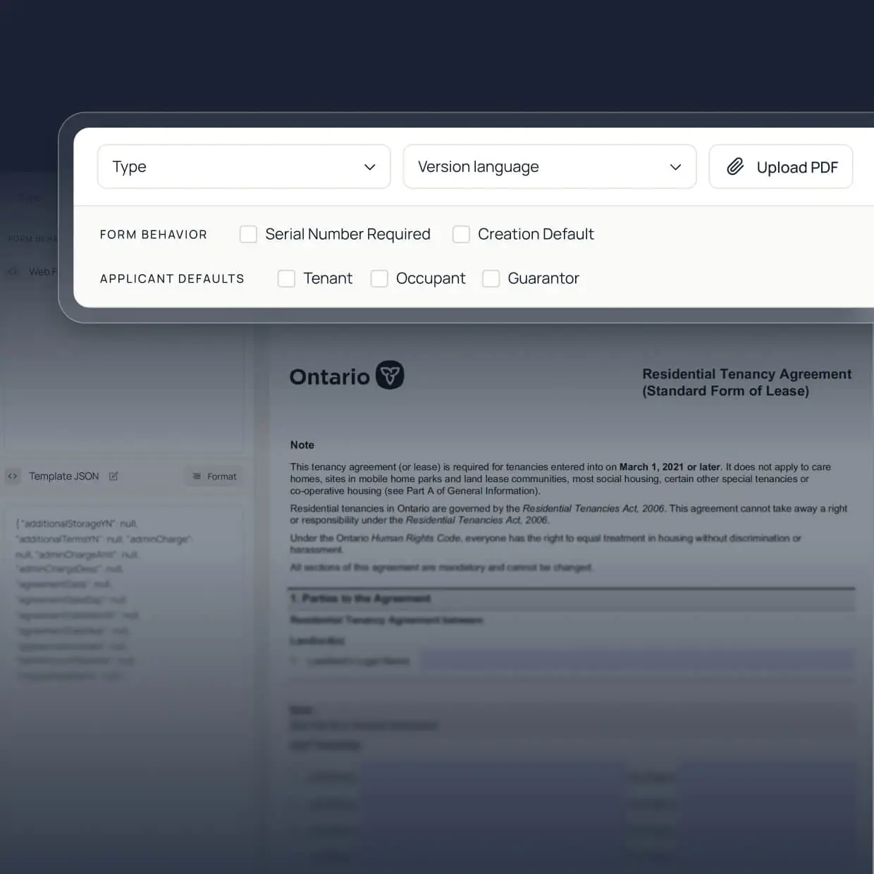 PDF lease template setup with type, language, and form-behavior controls above an auto-filled Ontario Residential Tenancy Agreement, generated from a template
