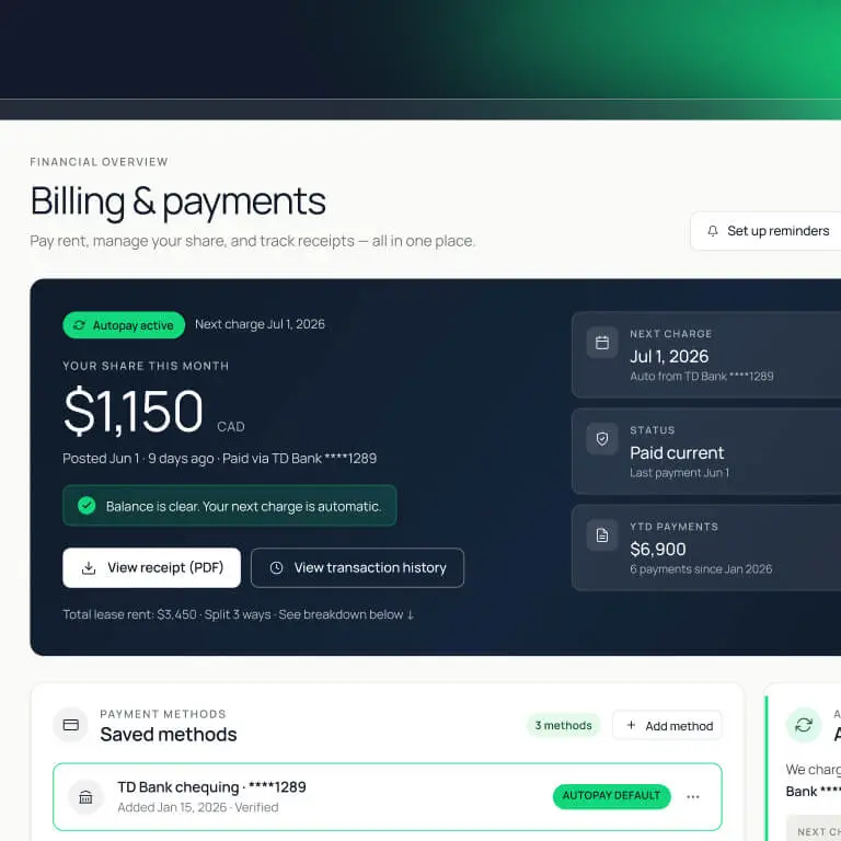 DashQ resident Billing & payments screen showing this month's rent share, autopay status, next charge, and saved payment methods, with options to view receipts and transaction history