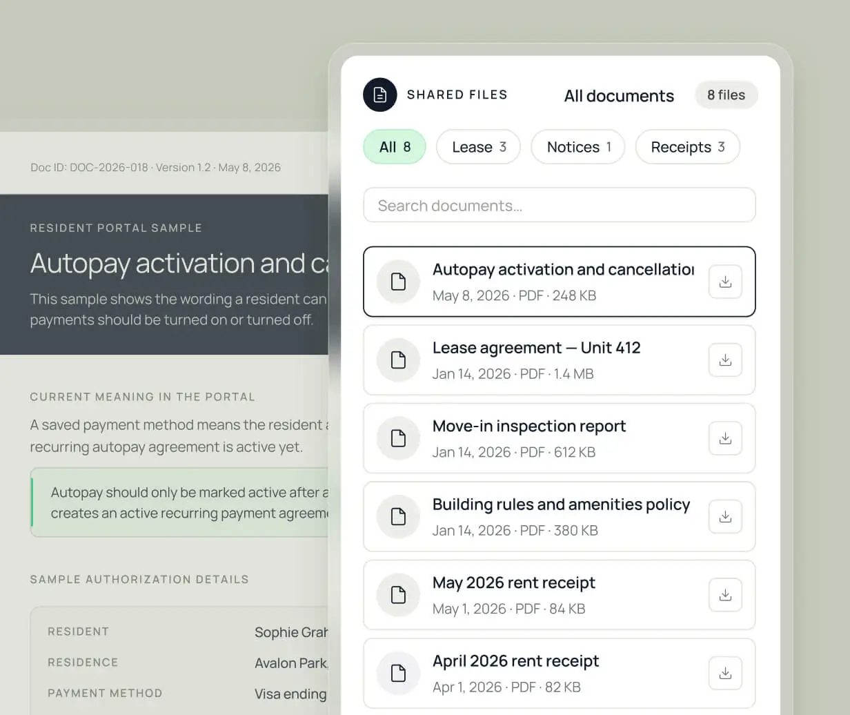 DashQ resident portal document library showing shared files filtered by leases, notices, and receipts, with a document preview open alongside the searchable list