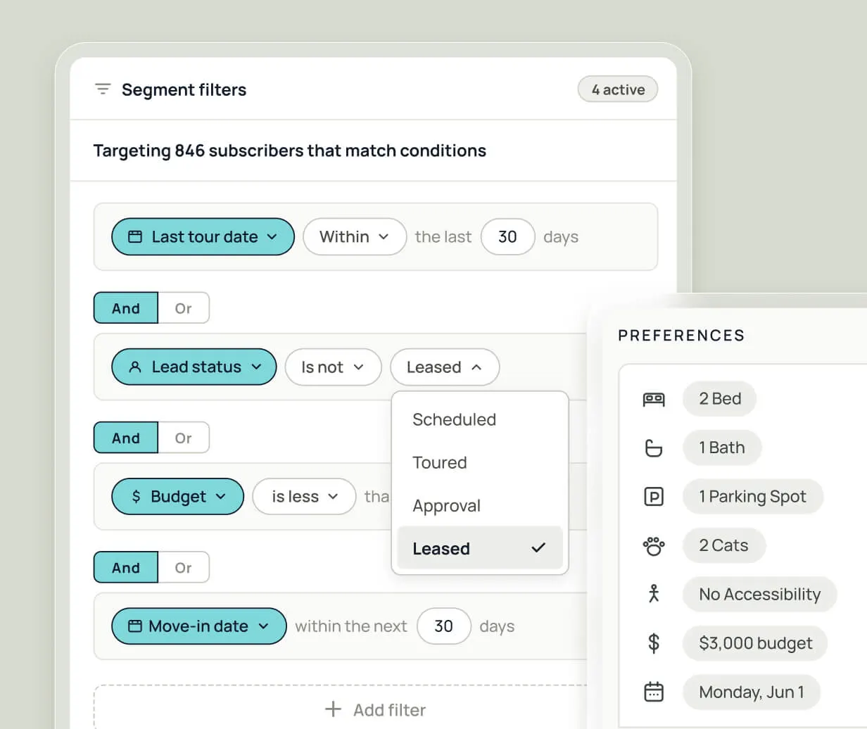 DashQ Segment filters builder narrowing renters by last tour date, lead status, budget, and move-in date, alongside a renter Preferences card listing unit size, parking, pets, budget, and move-in date