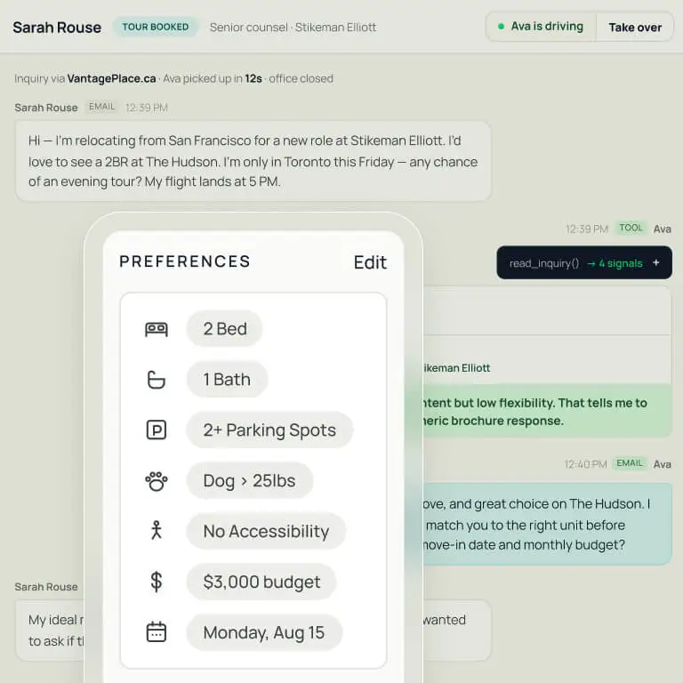 DashQ renter guest card for Sarah Rouse showing her preferences (beds, baths, parking, pet, budget, move-in date) alongside her email conversation history and the AI agent Ava's responses, all tied to one profile.