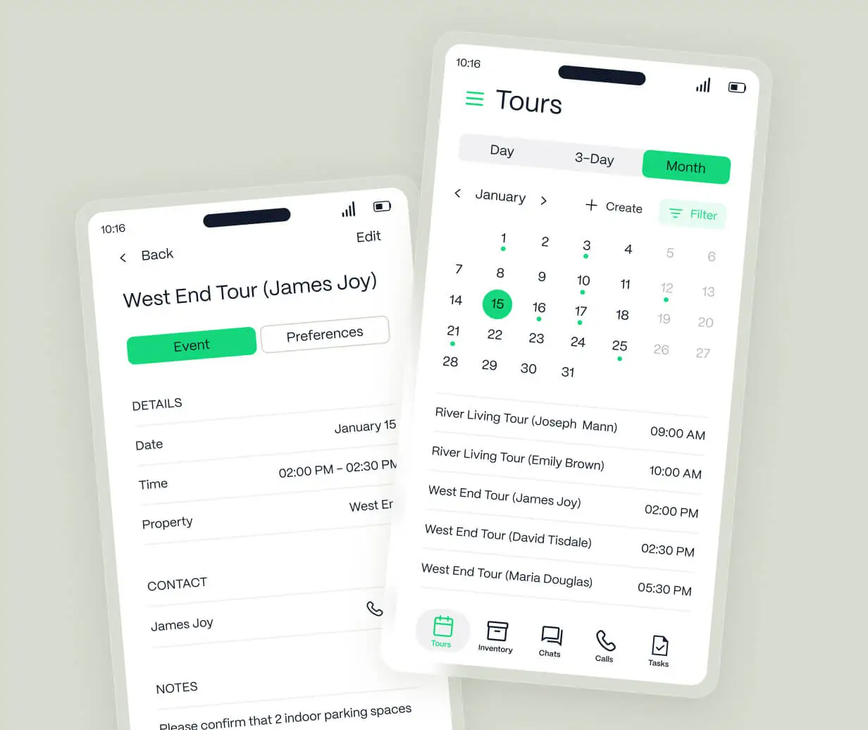 DashQ mobile app showing a monthly calendar with the day's scheduled tours, alongside a tour detail screen listing the appointment's date, time, property, contact, and prep notes