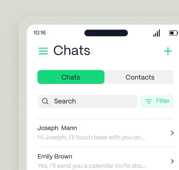 DashQ mobile app – Chats screen showing a list of prospect message threads with search and filter controls, letting reps reply between tours