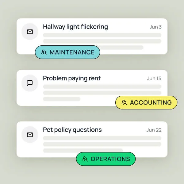 DashQ communications view showing resident messages auto-routed to the right team, each tagged by topic — maintenance, accounting, or operations.
