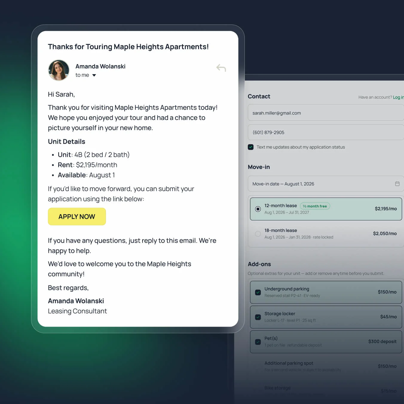 DashQ post-tour follow-up email with unit details and an 'Apply now' button, alongside the linked application form showing lease-term options and add-ons like parking, storage, and pet fees