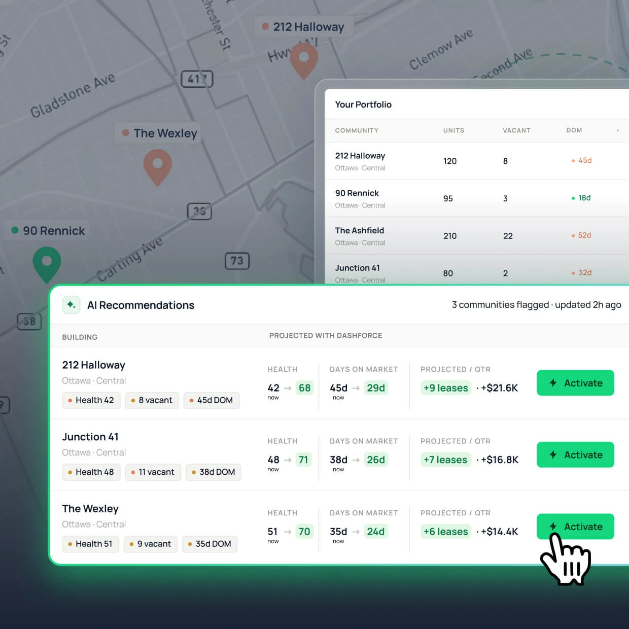 DashQ portfolio dashboard with a community map and AI Recommendations panel showing projected leasing gains from activating DashForce.
