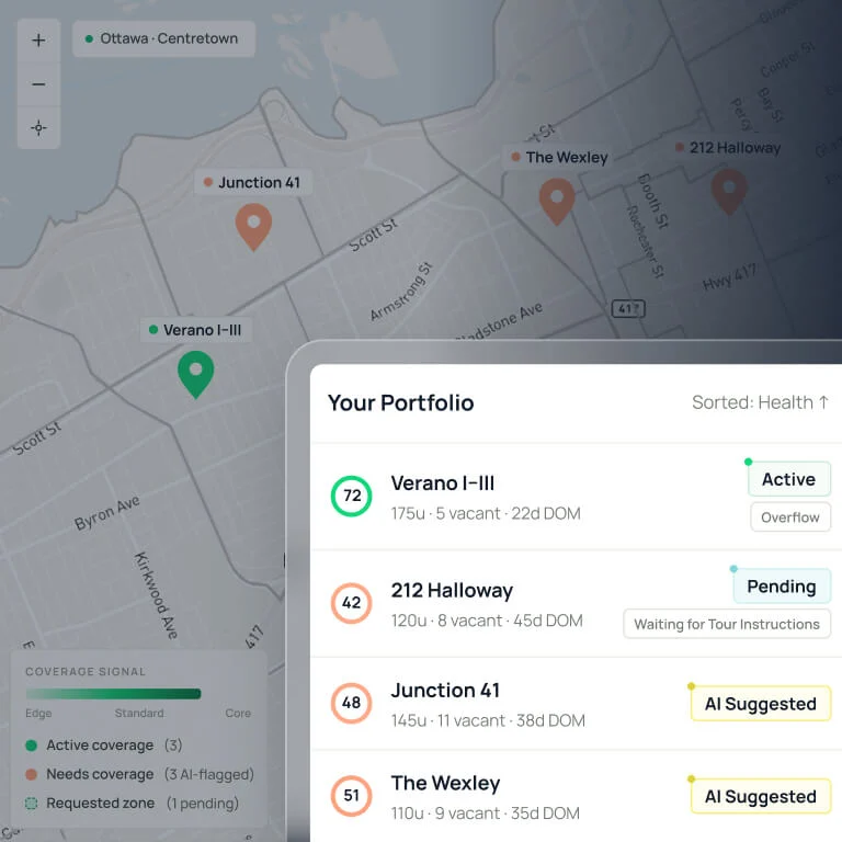 DashQ map of Ottawa communities with a portfolio panel showing each community's health score and coverage status — active, pending, or AI-suggested