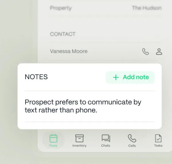 DashQ mobile app – tour detail screen with a Notes section and 'Add note' button, showing a saved note about prospect Vanessa Moore's communication preference