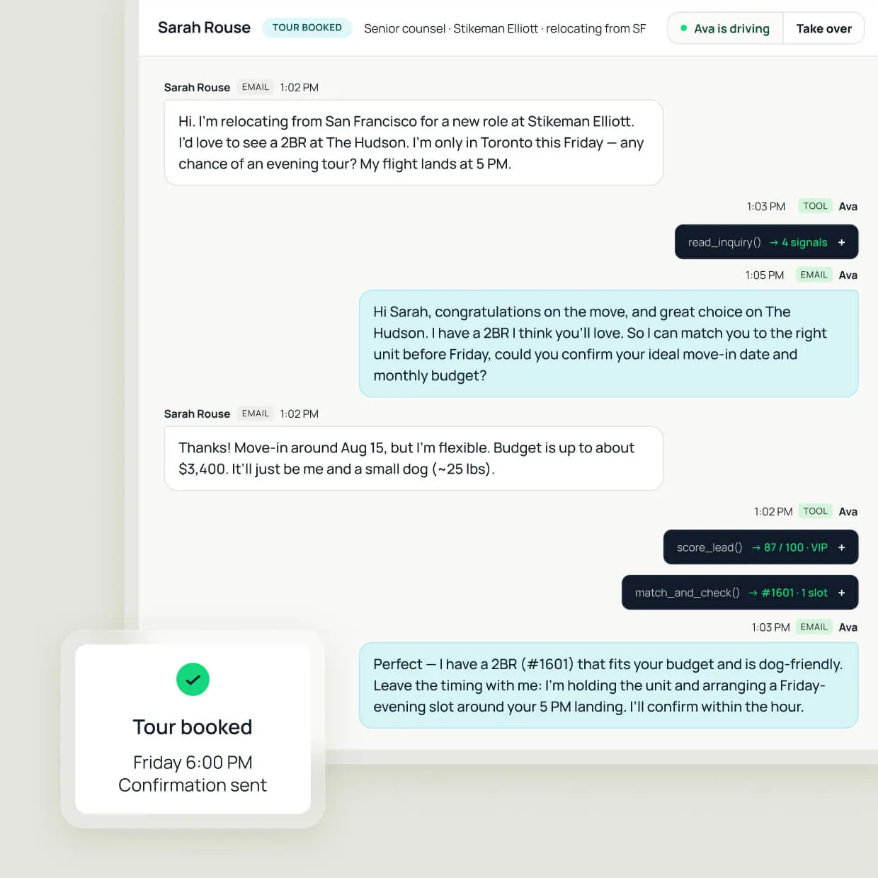 DashQ email conversation where the AI agent Ava qualifies prospect Sarah Rouse — reading her inquiry, scoring the lead, and matching a unit — then books a Friday evening tour with a 'Tour booked, confirmation sent' notification