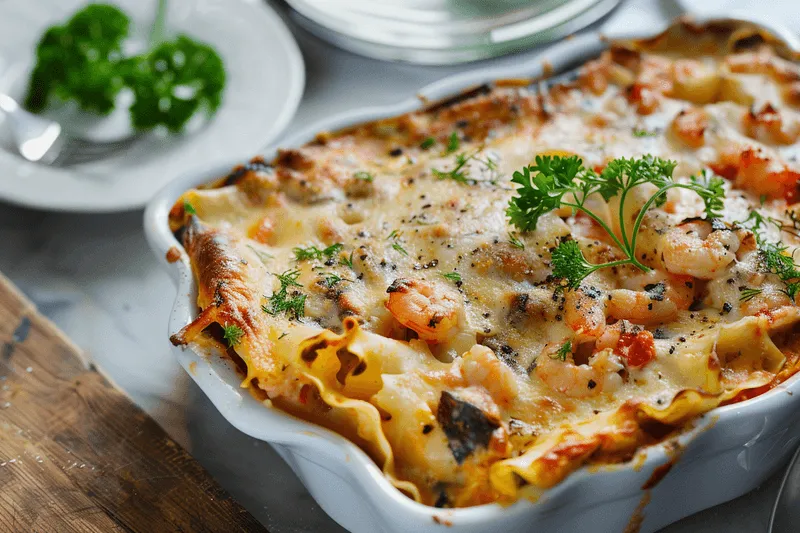 Baked seafood lasagna topped with cheese, shrimp, herbs, and pepper in a white ceramic dish.