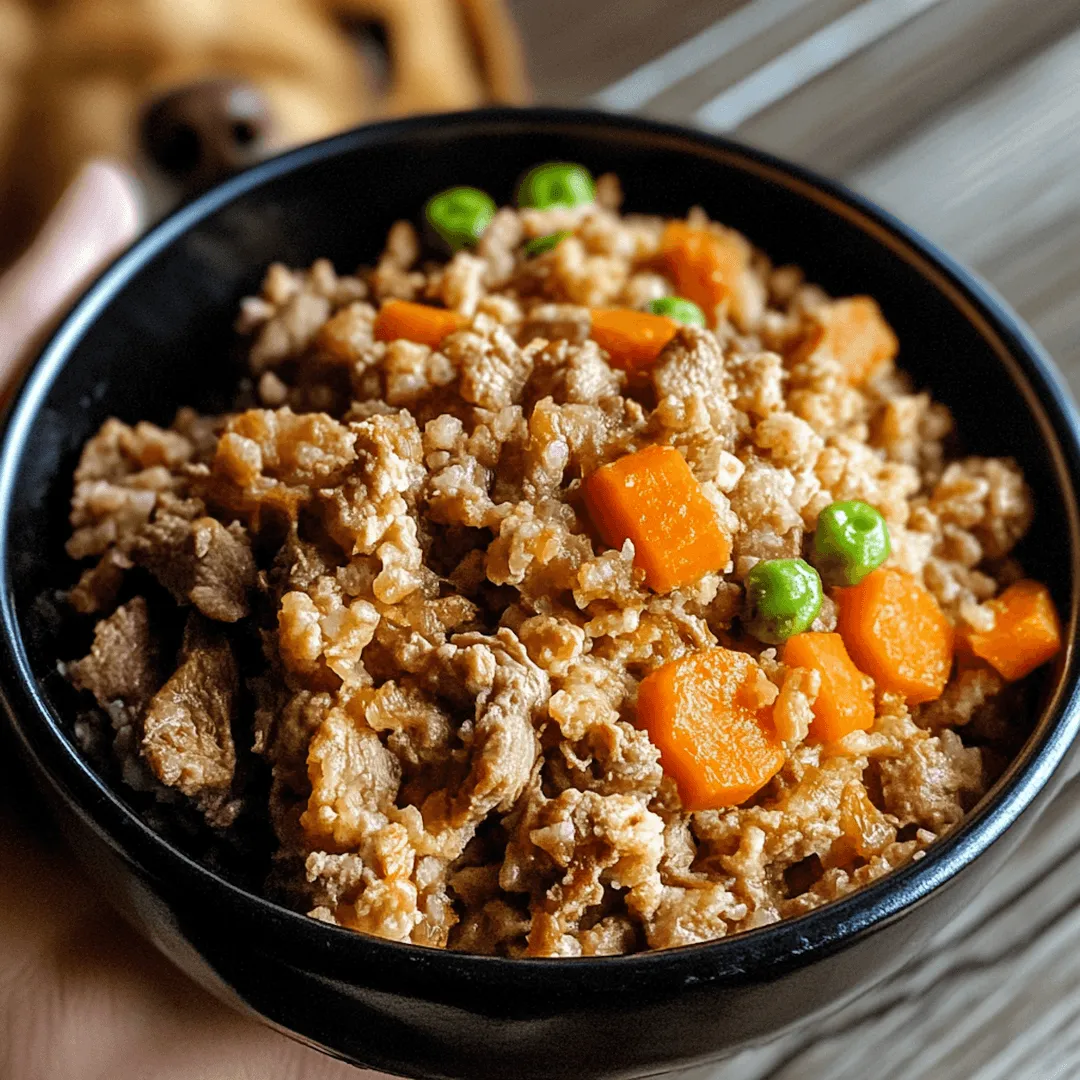 Hand holding a black bowl filled with cooked minced meat, carrots, and green peas.