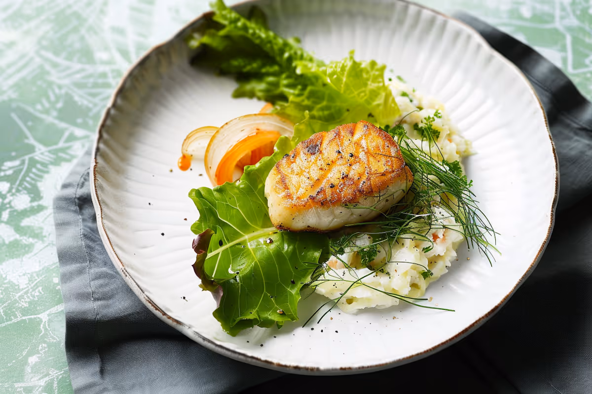 Grilled fish fillet served on white plate with mashed potatoes, leafy greens, grilled onion, and herbs.