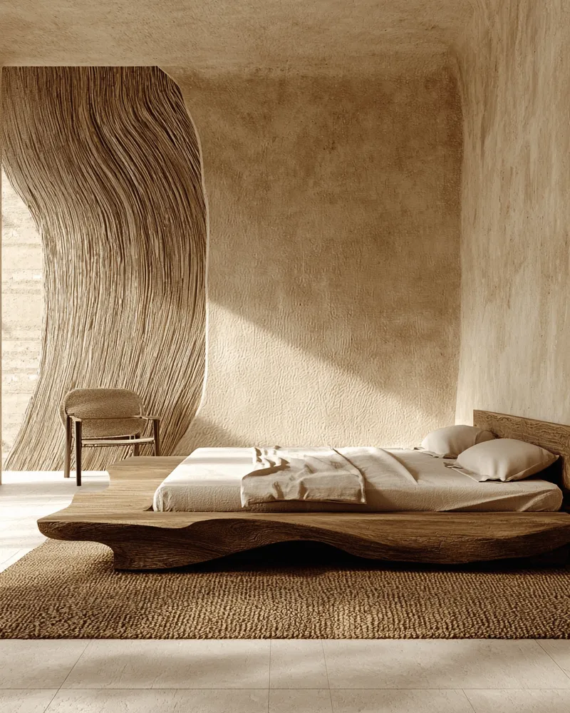 Minimalist bedroom with a low wooden bed frame and beige bedding, a textured wall, wooden chair, and a woven rug.