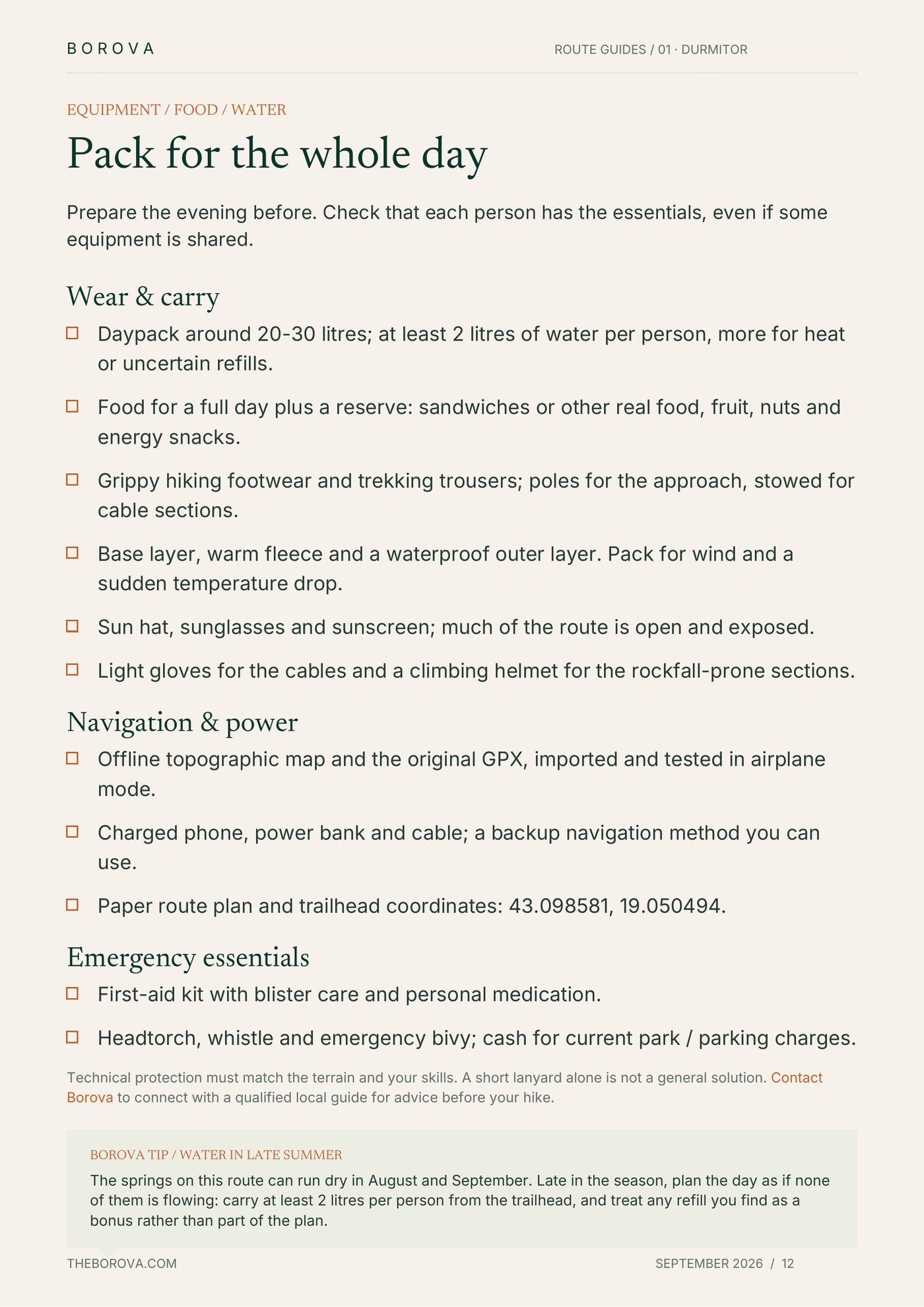 Equipment and water planning tip page from the Bobotov Kuk guide