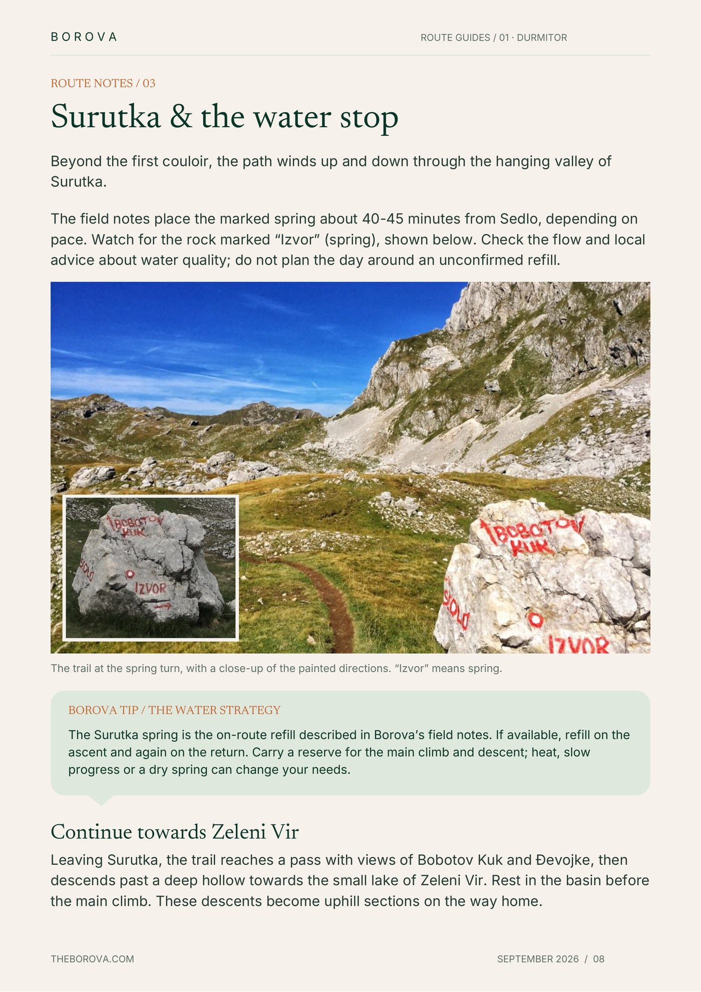 Trail notes page with a terrain photograph from the Bobotov Kuk guide