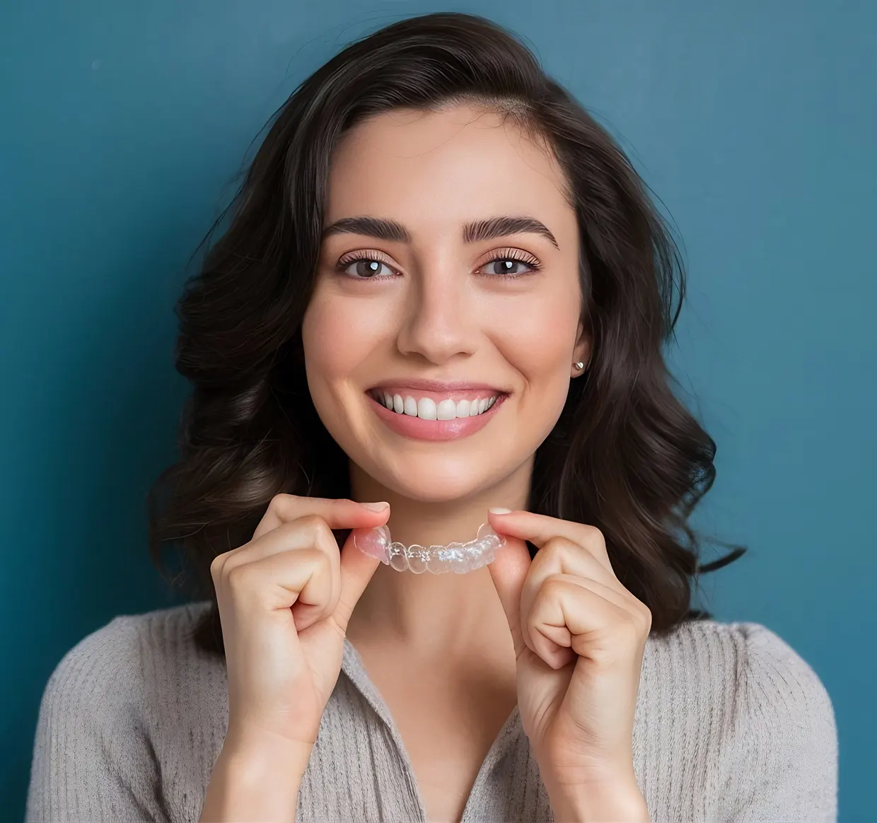 Donna sorridente con mascherina trasparente per denti