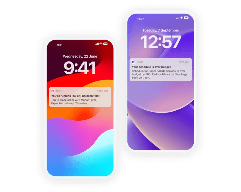 Two mobile notifications from Nory about low ingredients and budgets