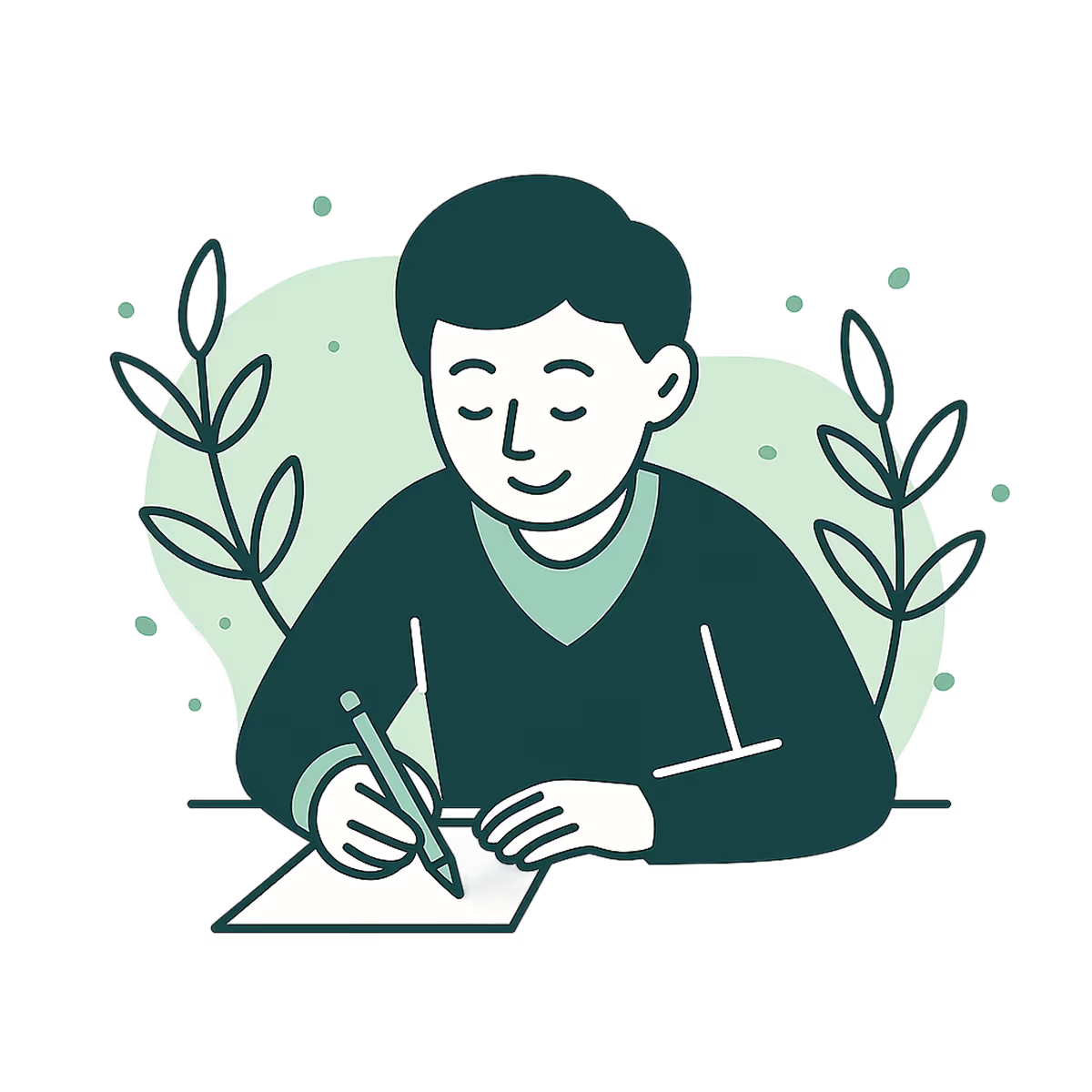 Illustration of a person with short hair writing on paper with a pen, surrounded by abstract leafy plants.