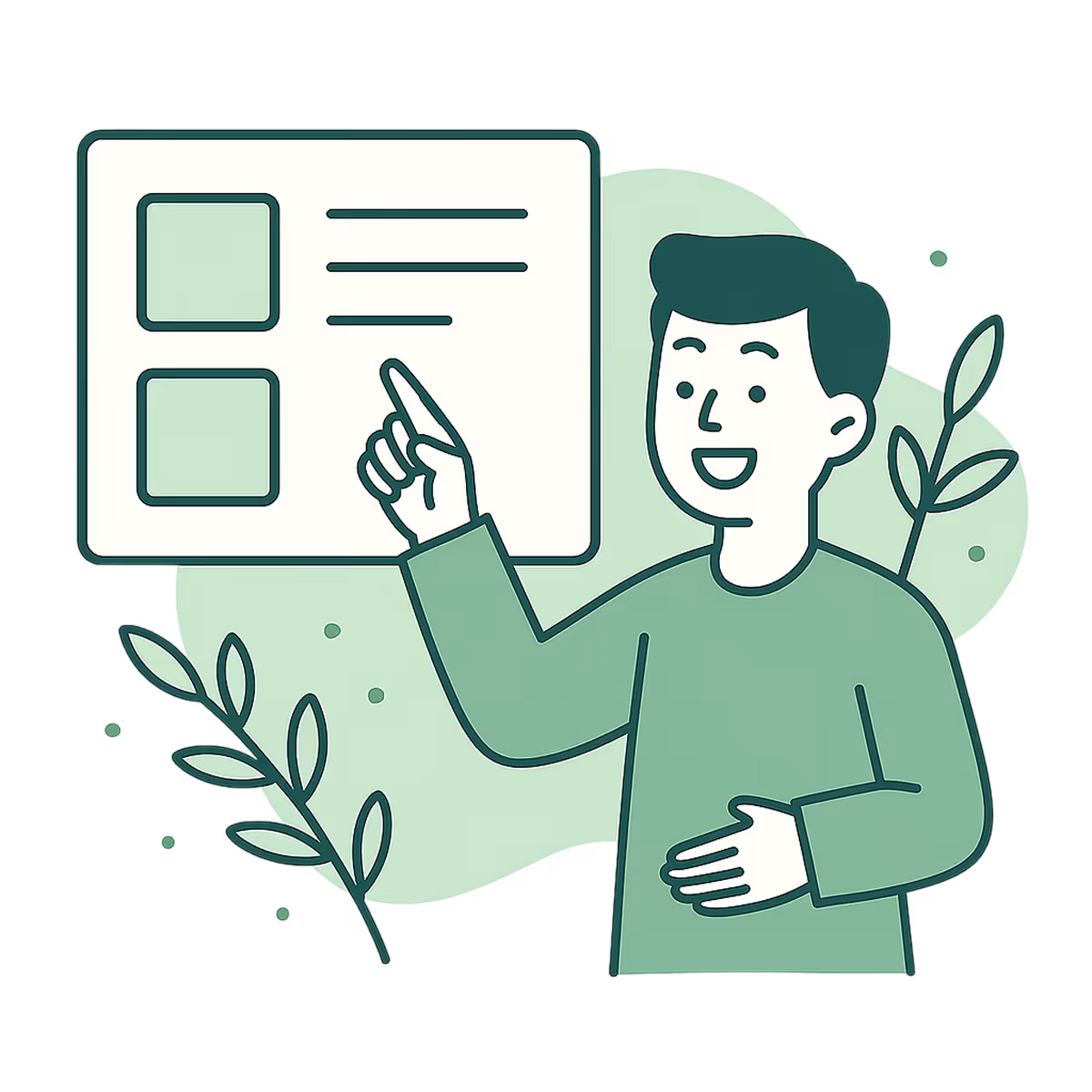 Illustration of a smiling person pointing at a floating screen with text lines and square icons, surrounded by decorative leafy branches.