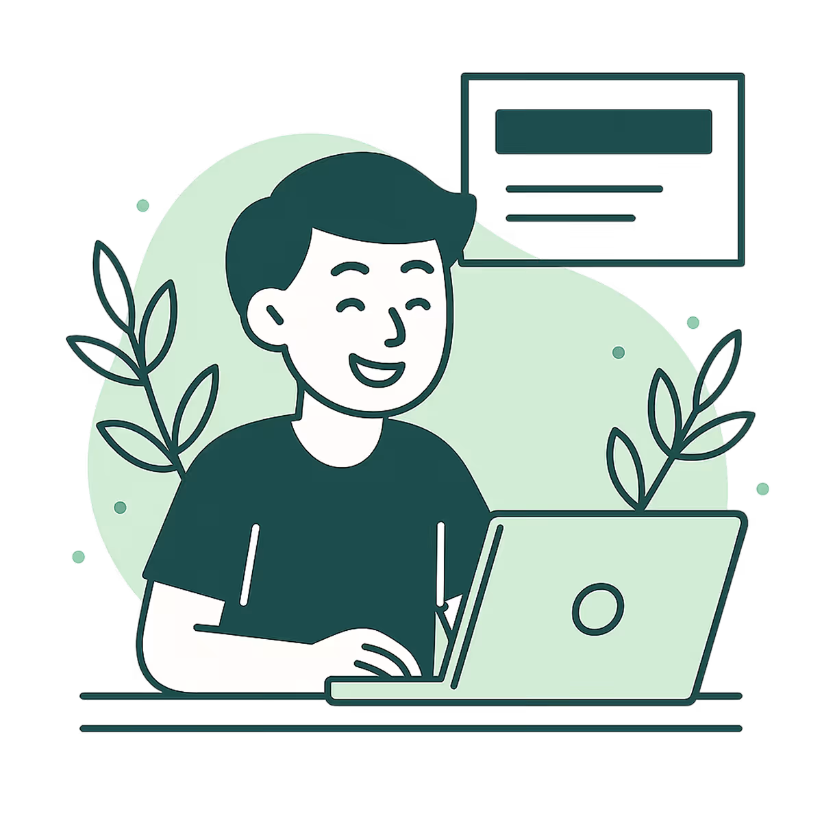 Smiling person using a laptop with decorative leaves and a message box in the background.