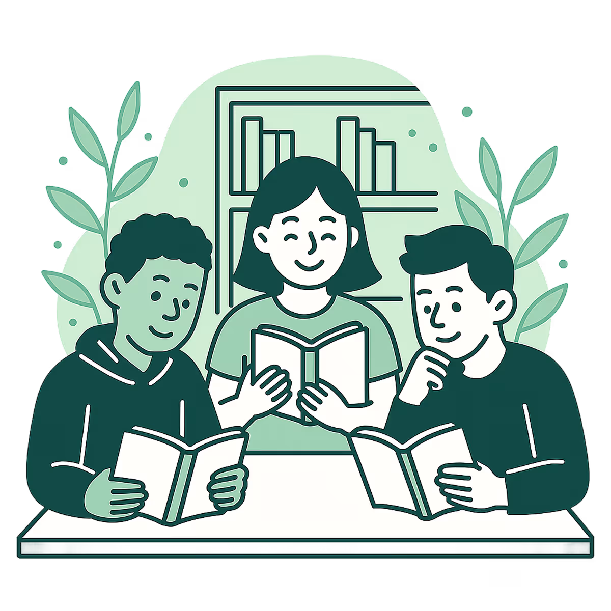 Three people sitting at a table reading books together with a bookshelf and plants in the background.