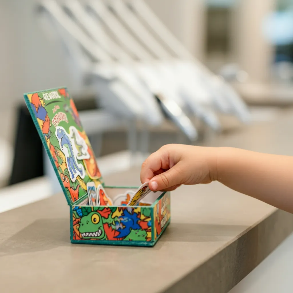 Child's hand takes a sticker from an open colorful dinosaur-themed sticker box on a countertop.