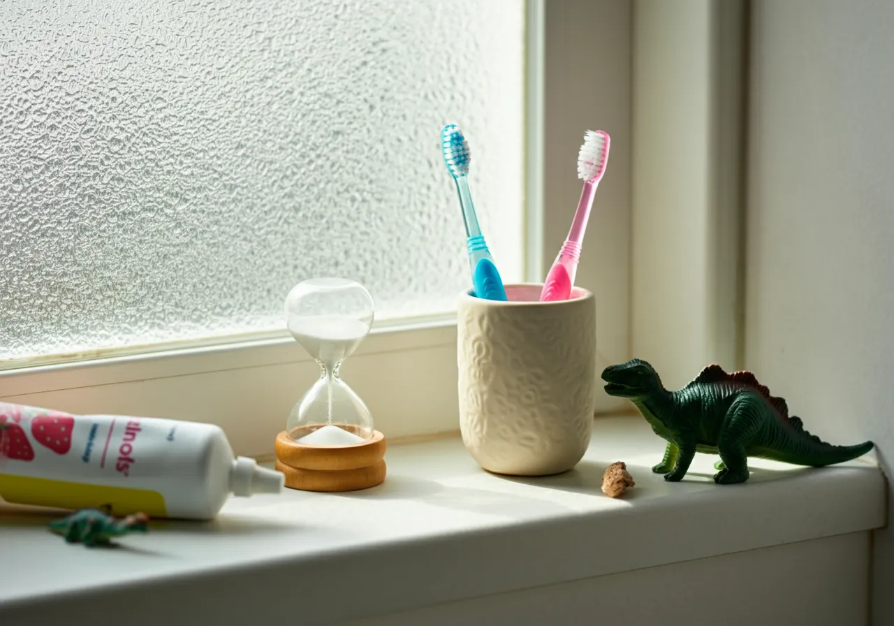 Two toothbrushes in a cup, an hourglass, toy dinosaur, and toothpaste on a bathroom windowsill.